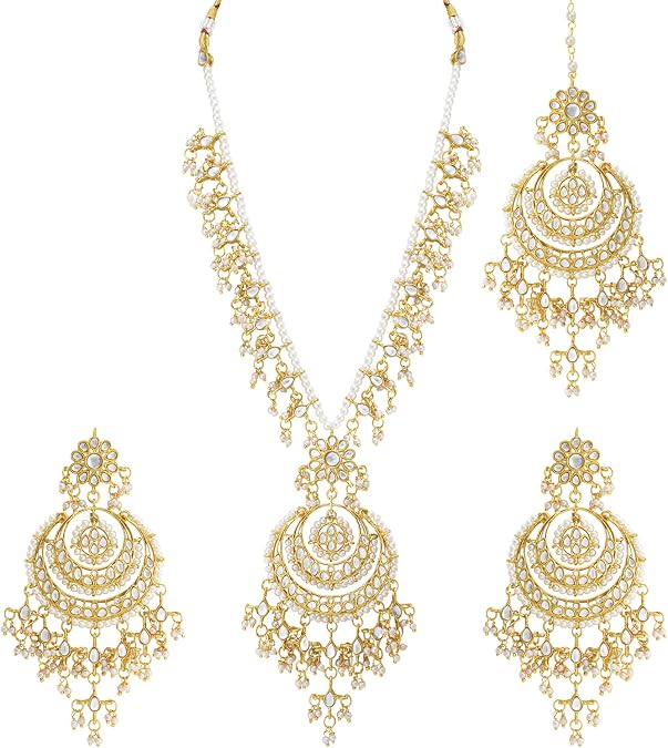 Aheli Artificial Kundan Pearls Studded White Necklace with Earrings Set Elegant Ethnic Fashion Bharatanatyam jewellery set for Women