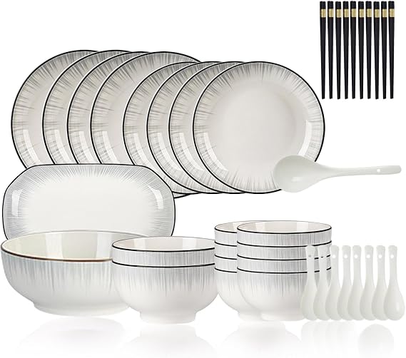 Stoneware Plates and Bowls Sets Handmade Dishware Sets for 4 6 8 10 Round Dinner Plates Set of 20 33 39 Piece Kitchen Dishes Set Scratch Resistant Dishwasher & Microwave Safe(39pcs)