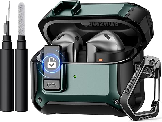 GEAK Case Compatible with Galaxy Buds 3 Pro/Samsung Galaxy Buds 3 Case with Carabiner & Cleaning Kit, Full Protective Hard Cover Shell with Secure Lock Clip for Galaxy Buds 3 Men Women, Green