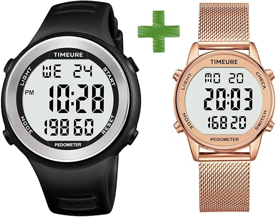 Pedometer Watch for Men and Women No App Connection, with EL Backlight TIMEURE-2308 Black and 2401 Rose Gold