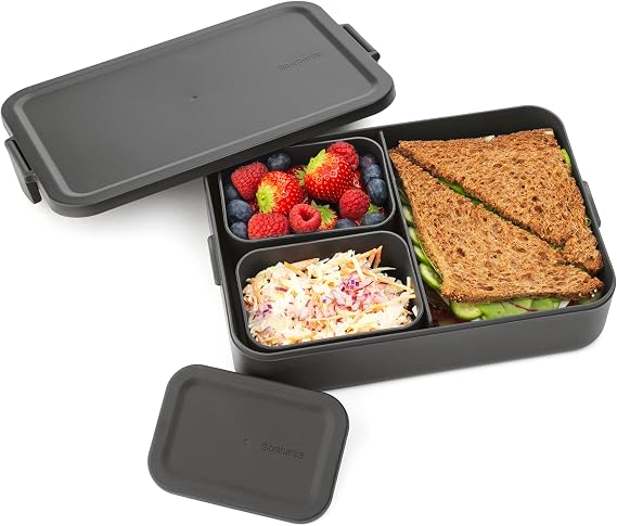 Brabantia Make & Take Bento Lunch Box (Dark Gray) 2 Compartments & Lidded Pot, Lift-Out Tray Divider, BPA-Free, Airtight Snap Locks, Microwave & Freezer Safe, Travel Meal Prep Container, 68oz