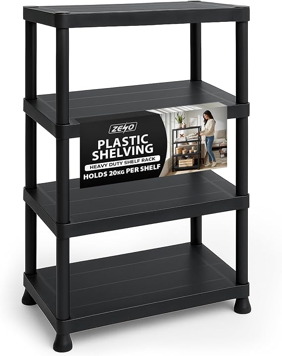 ZENO Plastic Shelving Unit 4 Tier | Storage Shelves 80KG Total Load Capacity | Plastic Shelving for Home Garage, Kitchen, Shed and Workshop | Heavy Duty Stable Frame | Easy Tool Free Assembly