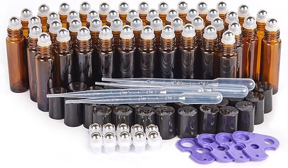 2oz 24Pack Amber Glass Jars with Lids and 10ml 48Pack Amber roller bottle