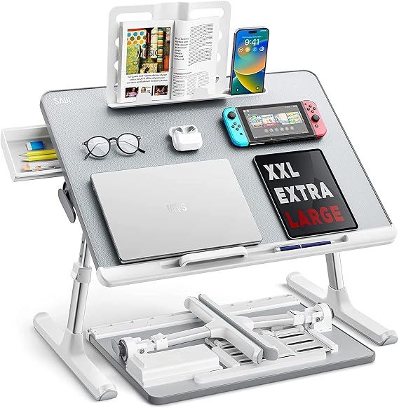 Bix SAIJI K7 Ultimate PVC Leather Adjustable Folding Laptop Bed Table with Removable Silicone Compartment Storage Drawer, Laptop Work Table, Removable Bookcase Silver