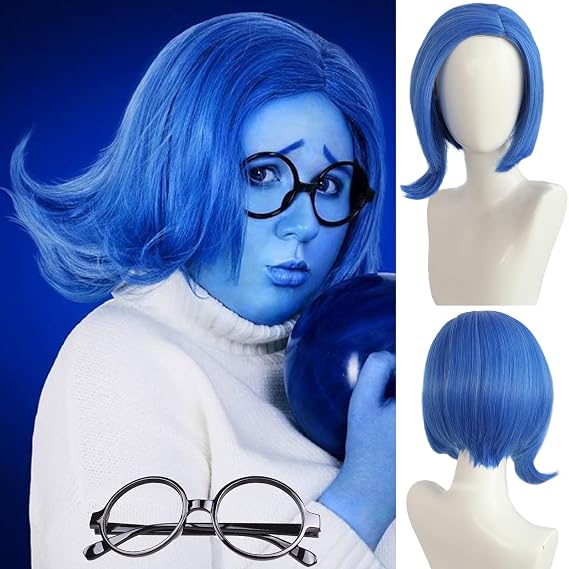 Sadness Blue Bob Wig with Black Glasses Girls Women Blue Anime Wig