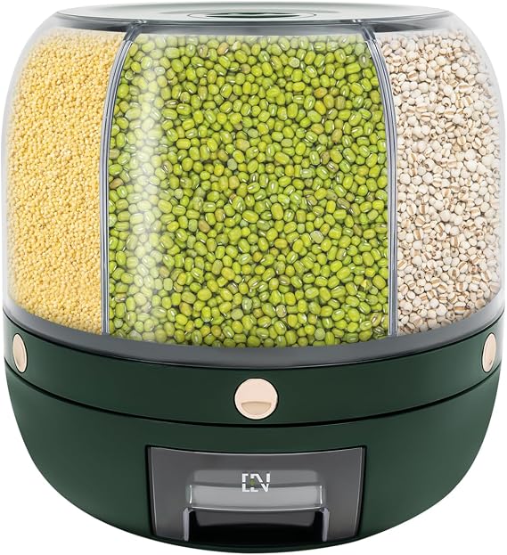 Rice Grain Dispenser, 360Rotating 6 Grid Food Dispenser 13lbs Rice and Grain Storage Container, Dry Food Dispenser Measuring Cylinder with Lid Food Storage Container Tank for Home (Dark green)