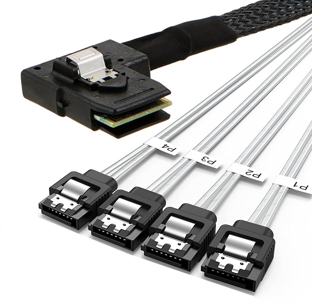 Mini SAS Cable, SFF-8087 to 4*SATA Left Angle to Straight High-Speed Data Transfer for SAS/RAID Controllers, Backplanes, and Servers, 15CM/26CM/59CM/80CMFT