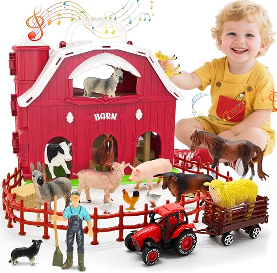 Big Red Barn Toys for Kids 3, Farm Animal Figures Playset with Tractor for 3 4 5 Year Old Kids, Musical Preschool Montessori STEM Learning Toys, Christmas Birthday Easter Gift for Boys Girls