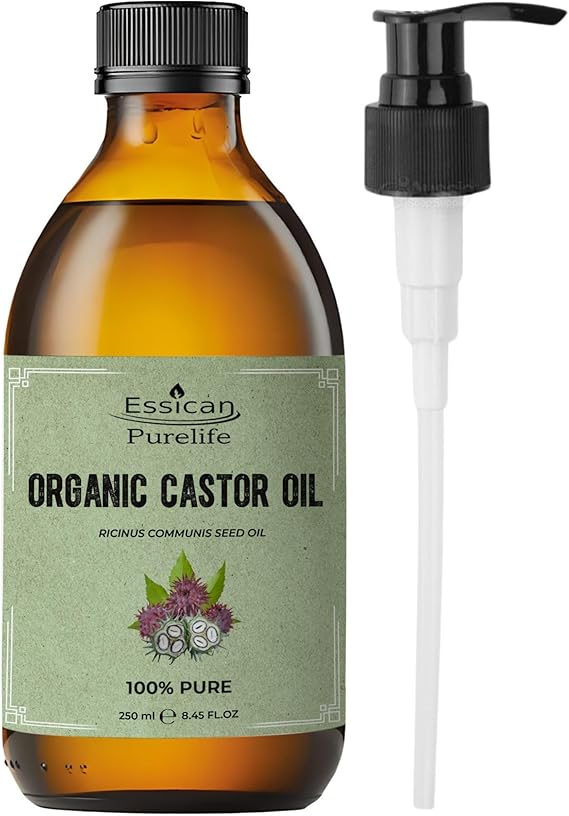 Essican Purelife Pure Organic Castor Oil Cold Pressed 250ml Glass Bottle | with Pump Dispenser, Hexane Free, Deep Moisturising, Skin And Hair Care, Eyelash And Brow Care, Face And Body Use, Vitamin E