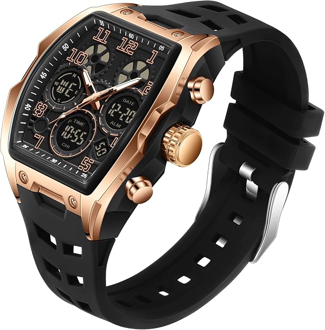 Mens Watches for Men Unique Rectangle Watches Military Digital Analog Sports Outdoor Watch White Wristwatch with Alarm,Stopwatch,Countdown,Hourly Chime,Luminous and Waterproof Multi-Function Watch