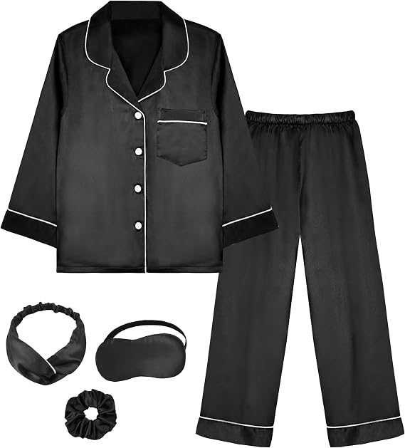 EPLAZA 2Pcs Kids Satin Pajamas Sets Girls Silk Pajamas Button-Down Pjs Set