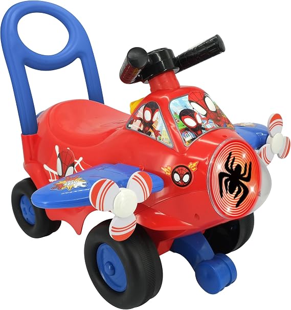 Kiddieland Marvel Spidey Activity Plane Ride-On with Lights & Sounds | Foot-to-Floor Toddler Vehicle with Interactive Steering and Dashboard, Includes Push Handle, for Ages 12-36 Months
