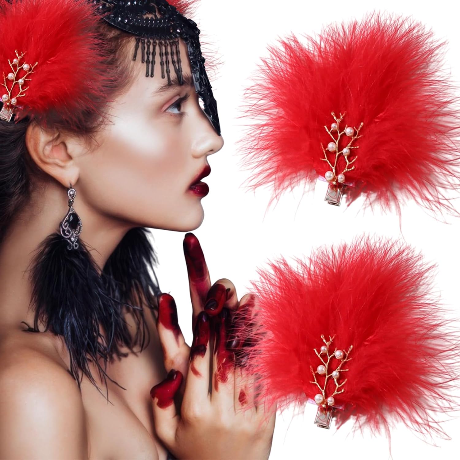2 Pcs Feather Hair Clips Artificial Swan Ostrich Feather Pearl Fluffy Plush Hair Barrettes Ballet Style Hair Pins Accessories for Women Bride Wedding Valentine Stage Performance Headpiece Red