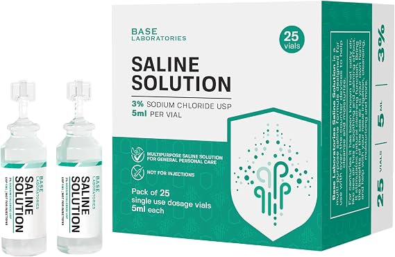 BASE LABORATORIES 3% Saline Solution Vials - Versatile 3% Sodium Chloride Saline Ampoules - Preservative Free Saline Solution Single use vials - USP Grade 25 Vials x 5ml Count