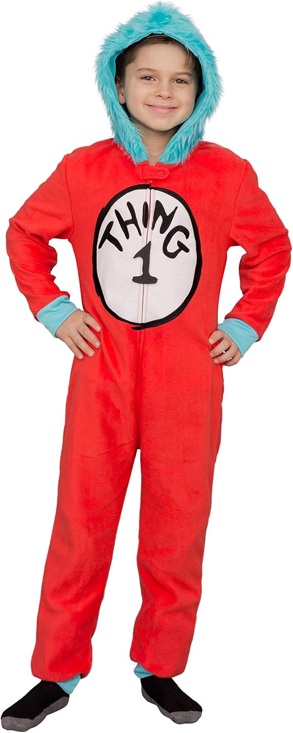 MJC Dr Seuss Thing 1 and Thing 2 Kids Union Suit Pajama Costume, Officially Licensed Jumpsuit with Interchangeable Patches