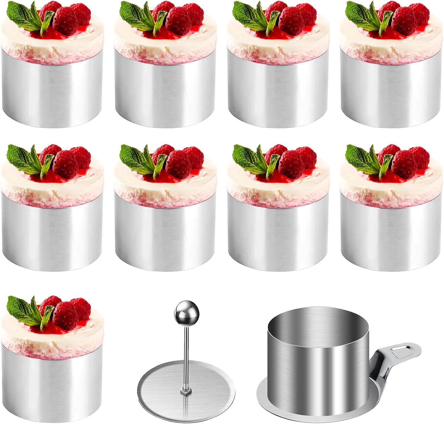 10-Piece Cake Rings Set, 8cm Diameter Stainless Steel Mousse Moulds with Food Press & Spatula, OvenDishwasher Safe Baking Tools for Crumpets, Cheesecakes, Pastries