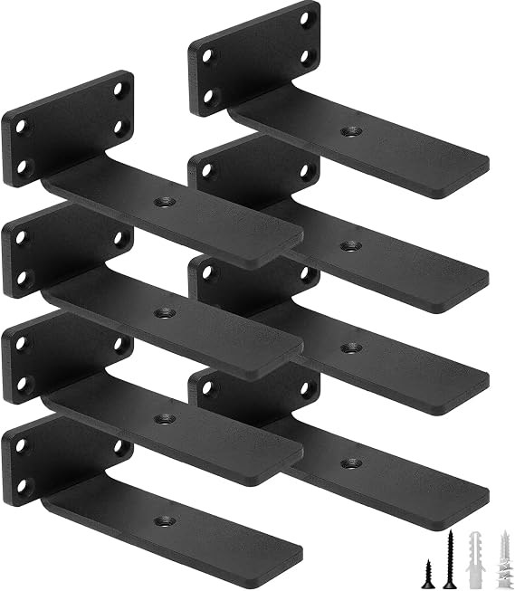 HITOMEN Heavy Duty Floating Shelf Brackets, 5-Inch (1/5'' Thick) Hidden Shelves Hardware, Iron L Brackets, Rustic Industrial Black Metal Wall Shelving Supports, 8 Pack