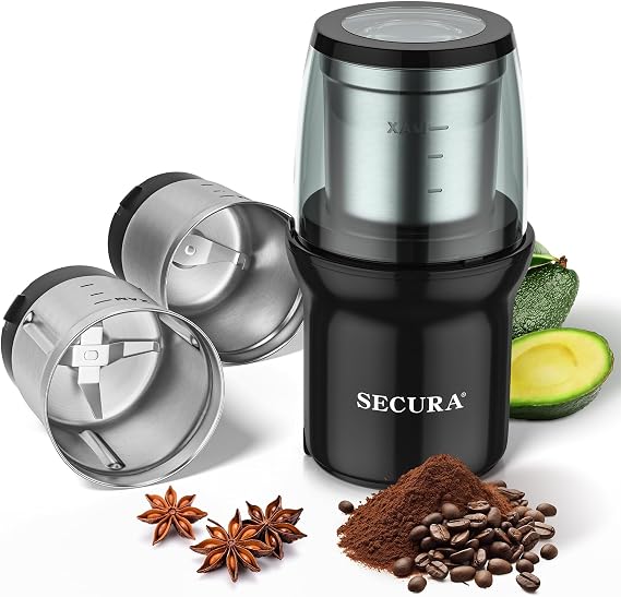 Secura Electric Coffee and Spice Grinder, 2 Removable Bowls, Black