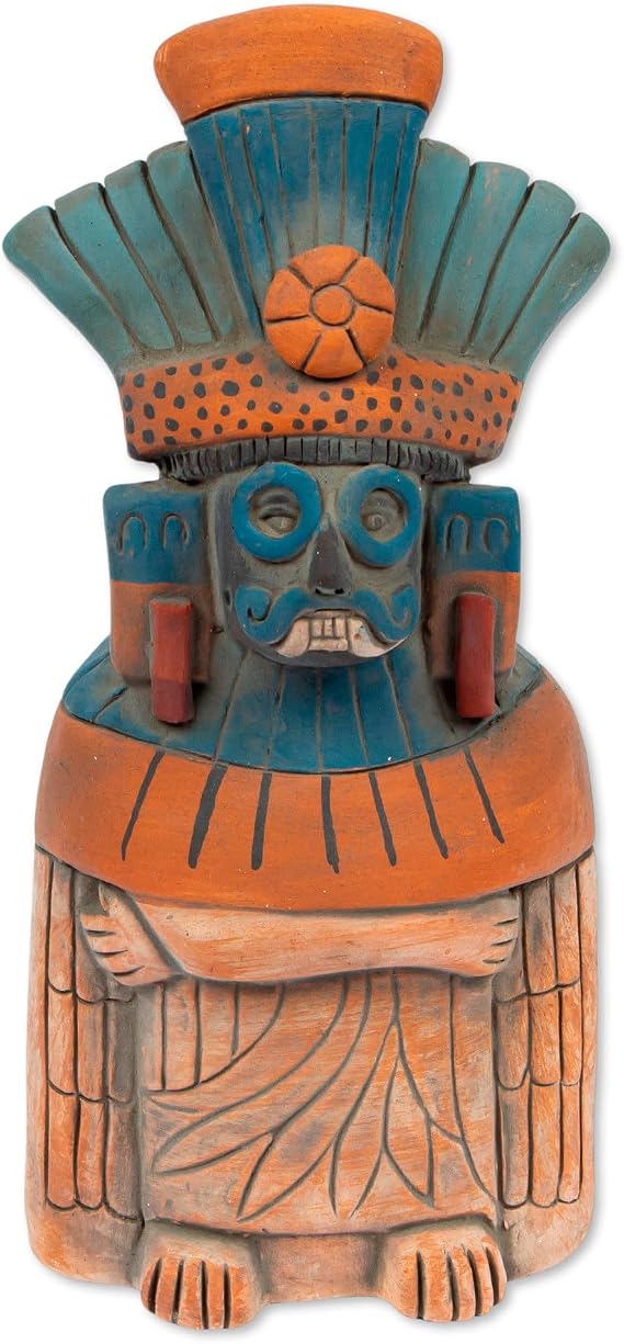 NOVICA Ceramic Sculpture Rustic of Tlaloc from Mexico Brown Blue Aztec 'Mighty Tlaloc'