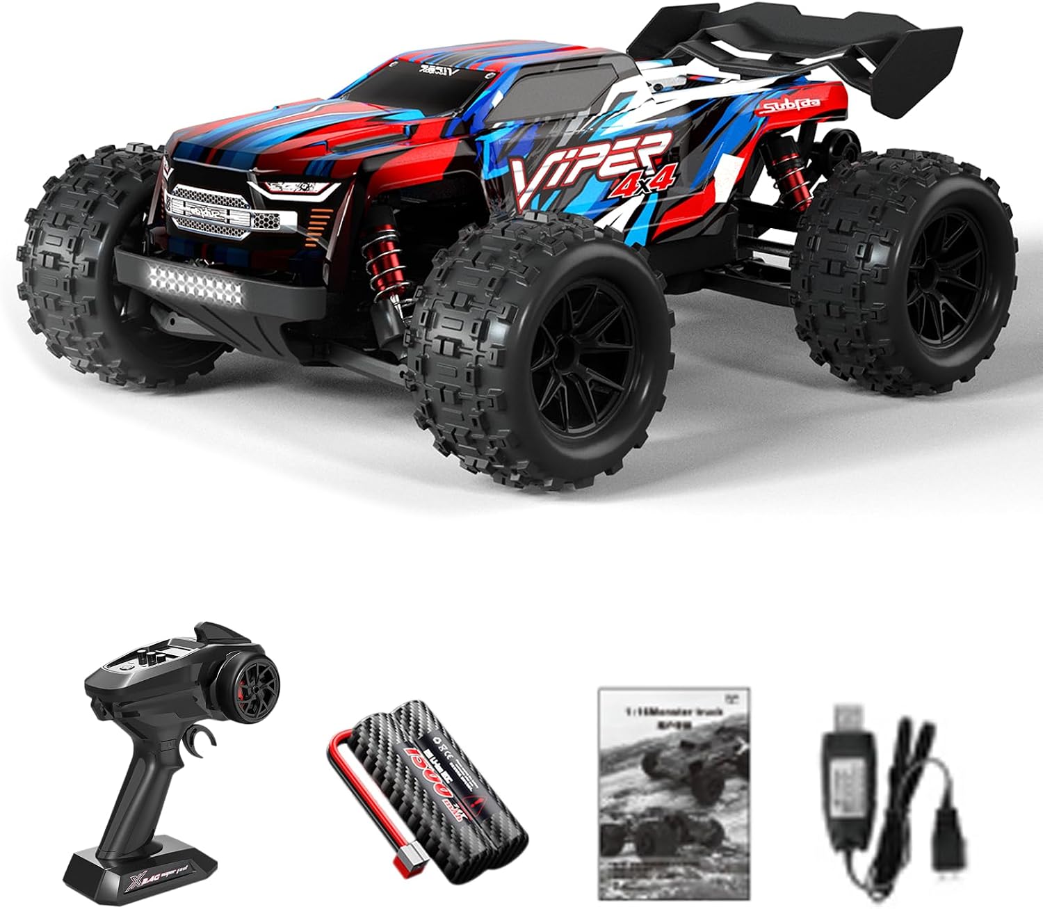 Remote Control Cars 1/16 36KMH RC Crawler 4WD 2.4G Full Scale LED Light High Speed All Terrain Offroad Vehicle Pickup Truck RC Climbing Car Gift Toy for Adult Rechargeable Red 3 Battery