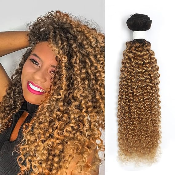 REMY HAIR Kinky Curly Human Hair Extensions Jerry Curly Bundles Brazilian Curly Hair One Bundle 2 Tone Ombre Curly Weave 1B/27 Blond Color (22 Inch)
