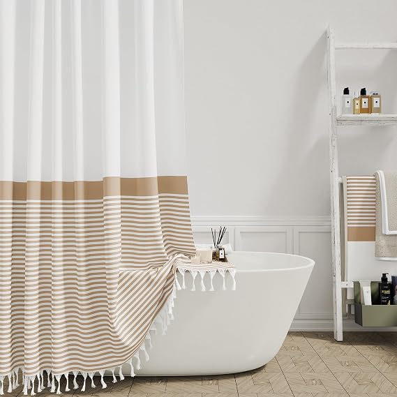 Dynamene Beige Fabric Shower Curtain, Farmhouse Boho Striped Tassel Shower Curtains for Bathroom, Bohemian Textured Cloth Shower Curtain Set with Hooks, Water Repellent, Wrinkle Free, 72x72
