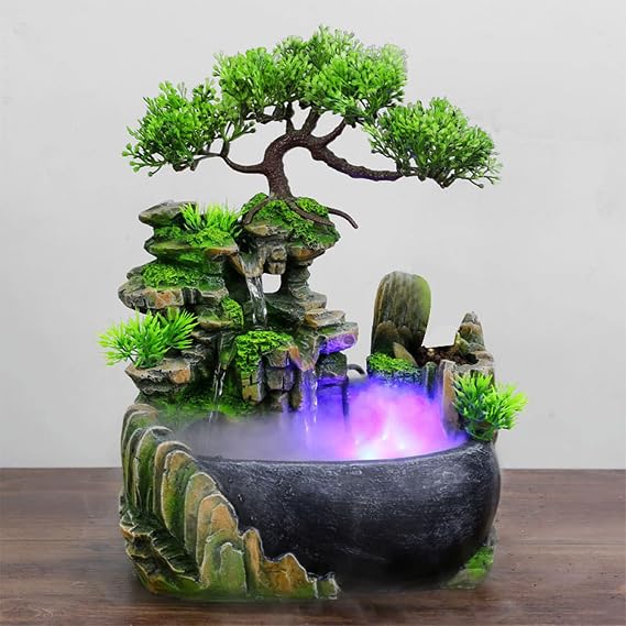 Water Fountains Indoor Tabletop Fountains Indoor Relaxation Desktop Fountain Waterfall, Desktop Fountain with LED Lights & Atomizer, Waterfall Fountain Tabletop Decor Desktop Fountains