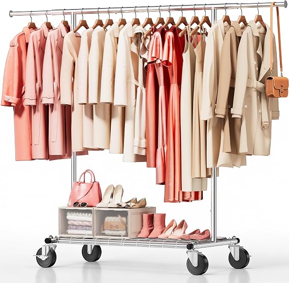 Heavy Duty Clothes Rack, Clothing Rack for Hanging Clothes, Silver | Clothes Racks for Hanging Clothes with Lockable Wheels & Shelves, Extendable Garment Rack for Bedroom, Laundry, Living Room