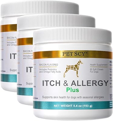 PetScy Itch & Allergy Plus Chews for Dogs Itchy Skin, Ears & Paws | Probiotics, Moringa & Turmeric | for Skin Redness, Hair Loss Gut & Digestive Health - Bacon Flavor - 60 Chews Pack of 3