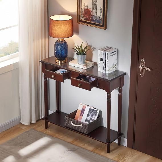 Solid Wood Console Table with Drawer, Narrow Rectangular Entryway Table with Storage Shelf, Elegant Chic Accent Couch Sofa Table Side Table for Living Room (Walnut, 11.8"D x 39.4"W x 34.6"H)