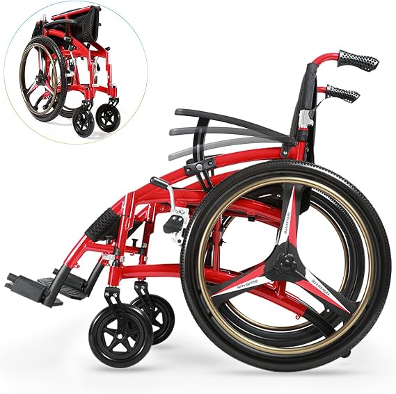 Lightweight Wheelchair for Adults, Ergonomic Sports Foldable Transport Wheelchair, Self-propelled Manual Wheel Chair with 24-inch Wheels and Comfortable Cushions