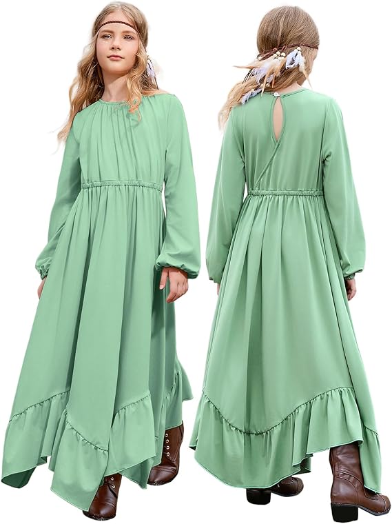 Jxstar Girls Boho Dress Casual Long Sleeve Maxi Dresses Crew Neck Ruffle Flowy Swing Long Dress with Pockets