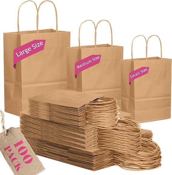 Gcardist Brown Paper Gift Bags with Handles Bulk 100Pcs Assorted Sizes (Large-33Pcs, Medium-33Pcs, Small-34Pcs)