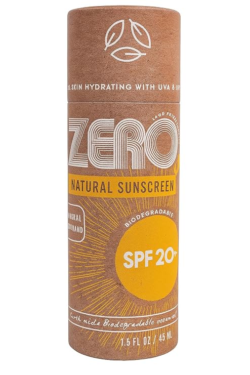 ZERO Waste 100% Plastic Free Natural Sunscreen Stick, SPF 20 Reef Safe and Kid Friendly, Water Resistant, Push Up Cardboard Tube, Sunblock Made From Beeswax, Shea Butter and Coconut Oil, 1.5 Oz