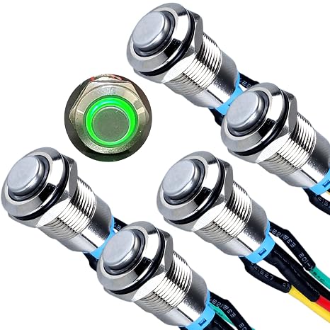 5Pcs 12mm Metal Raised Head Latching Push Button Switch Waterproof Anti-Vandal Silver Shell with 15cm Cable 12V-24V 1NO ON/Off for 1/2" Mounting Hole with Halo Ring Green LED