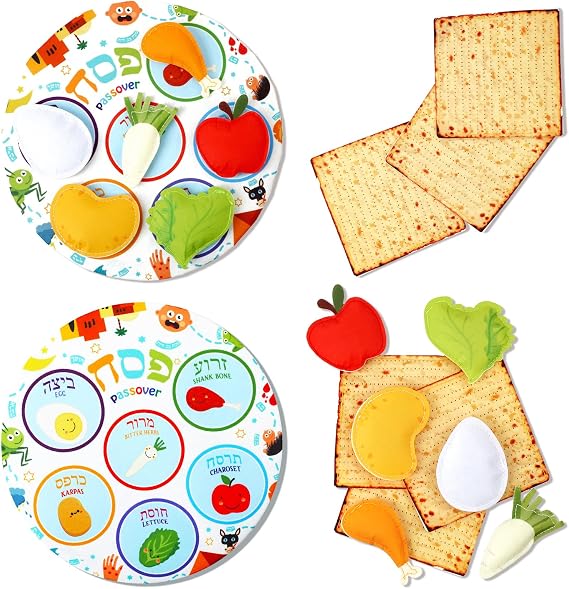 2 Set Passover Seder Plate Toy Matzah Seder Food Set Felt Passover Food Gifts Educational Adorable Passover Kit for Pesach Jewish Traditional Holiday Haggadah Decorations, 11.8 Inch Plate