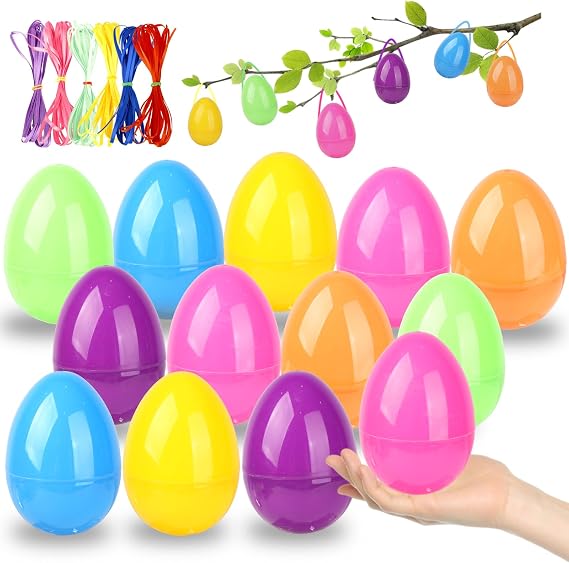 Easter Plastic Eggs Fillable Egg Decor-Hanging Eggs for Trees Large Colorful Plastic Eggshell Bulk with Hinge for Easter egg Hunt Filling Treats Easter Basket Stuffers Party Favor (Multicolour)