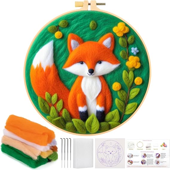 JSRQT Needle Felting Kit with Fox Pattern Felting Kits for Beginners Adults Needles Wool Craft for Adults Point Kits Punch Needle Kit for Home Decoration with Instructions Tools Embroidery Hoops