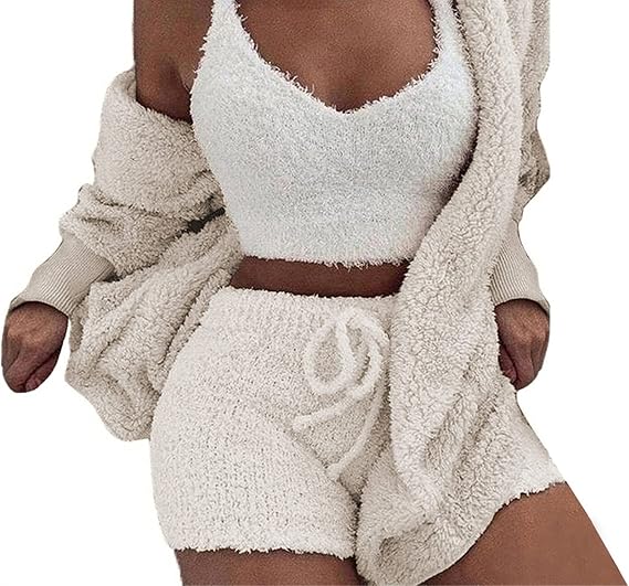 Vakkest Women's Sexy 3 Piece Pajamas Outfit Fuzzy Fleece Warm Sherpa Coat Jacket Outwear Spaghetti Strap Crop Top Shorts Set