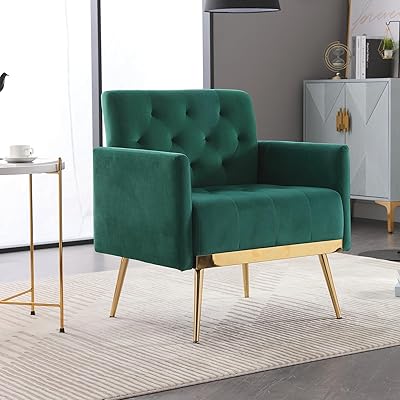 Velvet Accent Chair,Upholstered Armchair Mid Century Modern for Living Room Bedrooms Single Sofa Chair with Gold Metal Legs Green