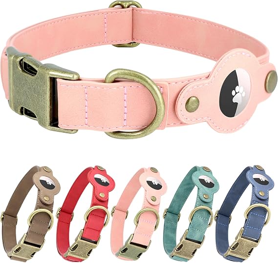 Airtag Dog Collar,PU Leather Collar with Airtag Holder for Large Dogs(Pink)