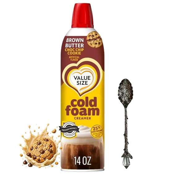 Cold Foam Flavored Coffee Creamer, 14 oz Can with D.A. Coffee Gem Spoon (Brown Butter Choc Chip Cookie) Gem Spoon