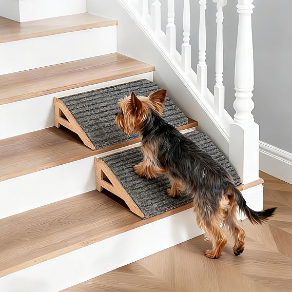 2 Pack Dog Ramp Stairs for Small Dogs 2-in-1 Solid Wood Pet Ramp & Calf Stretcher, Supports 170lbs, Non-Slip Carpet, Gentle Slope for SeniorInjuredAging Dogs, IndoorGym Use, No Assembly Required