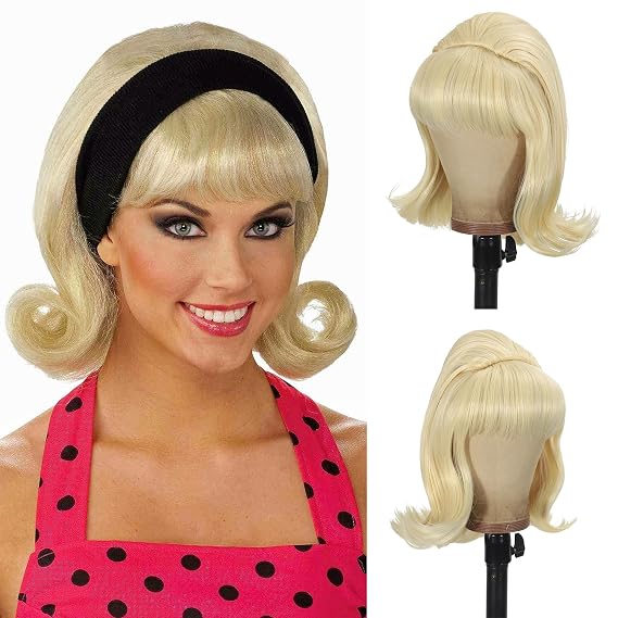 Blonde Beehive Wig Women Vintage Retro Wig 50s 60s 70s Wig with Bangs for Women Synthetic Hair for Halloween Costume Party