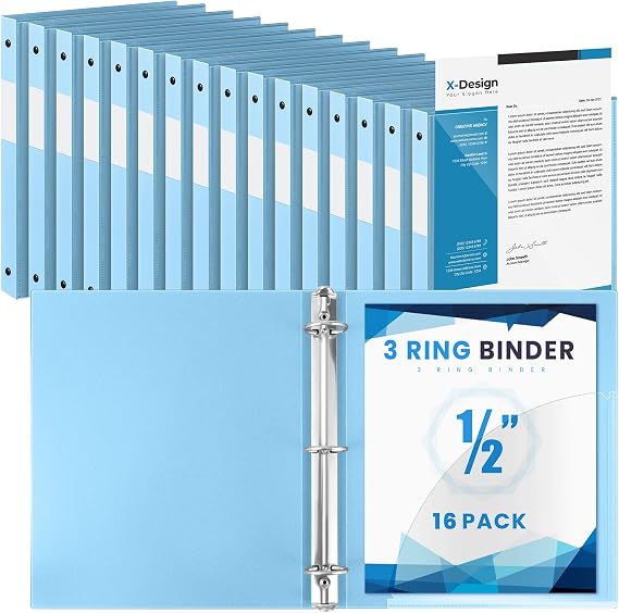 Henoyso 16 Pack 1/2 Inch 3 Ring Binder with Clear Cover Fit Letter Size 8.5" x 11" Paper Holds 140 Sheets, Bulk Binders for Organizing School, Office & Classroom Documents, 1 Pocket (Light Blue)