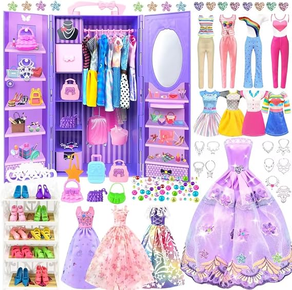 75 Pack Doll Clothes and Accessories with Closet for 11.5 Inch Doll Fashion Design Set Girl Doll Dress Up Including Wedding Dress Tops and Pants Outfits Shoes Bags Necklaces Toys Gifts for Girls