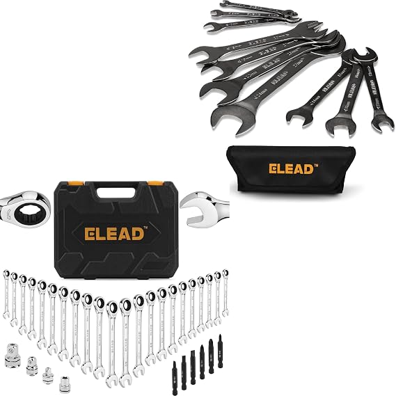 ELEAD 10-Piece Metric Super-Thin Open End Wrench Set & 33-Piece Combination Ratchet Wrench Set
