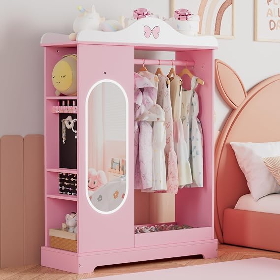 Kids Armoire with Jewelry Cabinet, Kids Dress Up Storage wth Shelves, Girls Wardrode Costume Organizer with Mirror, Children Closet with Armoire