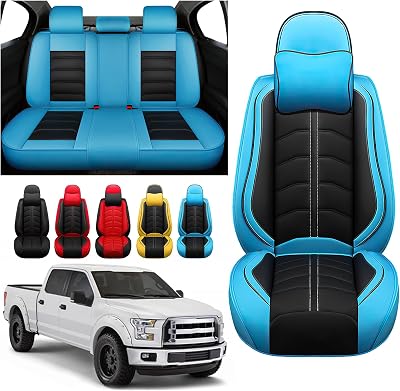 Seat Covers Fit for Ford F150 2009-2024,Made of Premium Nappa Leather,Waterproof and Non-Slip,Custom Advanced Truck Seat Covers,Airbag-Compatible Seat Cover Black Blue,Full Set with Pillow