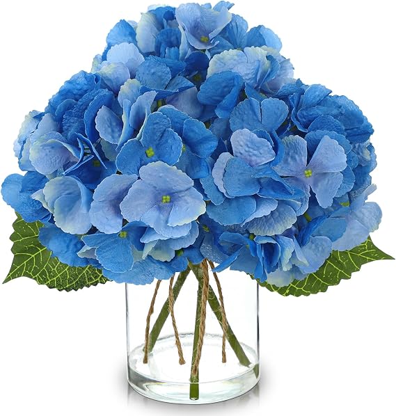DILATATA Hydrangea Artificial Flowers with Glass Vase, Blue Real Touch Silk Hydrangea Arrangement with Faux Water, Small Faux Floral Centerpiece for Home Decor, Wedding, Bathroom, Shelf, Coffee Table